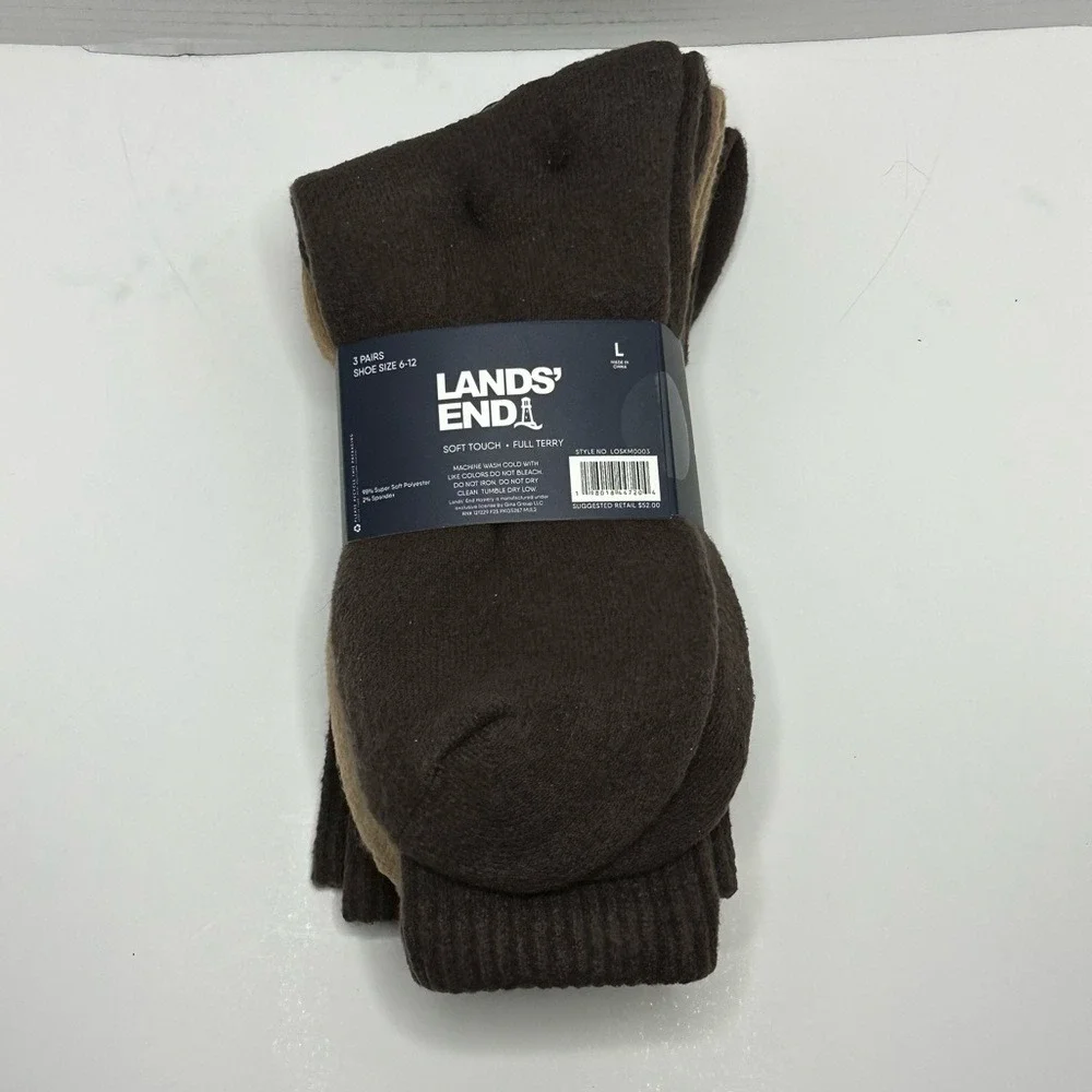 NWT Lands' End Men's Soft Touch Boot Socks 3 Pack Full Terry Sz Lg Brown &‎ Tan